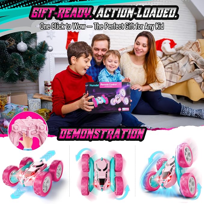 Hamdol Pink RC Car for Girls Age 6+, 360° Rotating Stunt Remote Control Vehicle with LED Lights, Upgraded 4WD USB-C Rechargeable Electric Toy, Perfect Birthday, Holiday