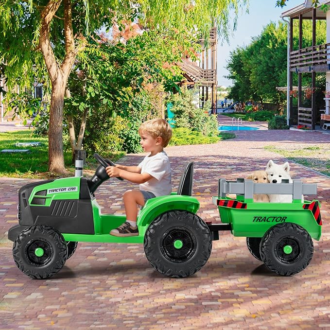 Costzon 24V Ride on Tractor with Detachable Trailer, Kids' Electric Vehicles with 3 Speeds, 15° Climbing, Wireless Design, Horn & Music, Remote Control Tractor Toy for Kids 3+,Gift (24V, Green)
