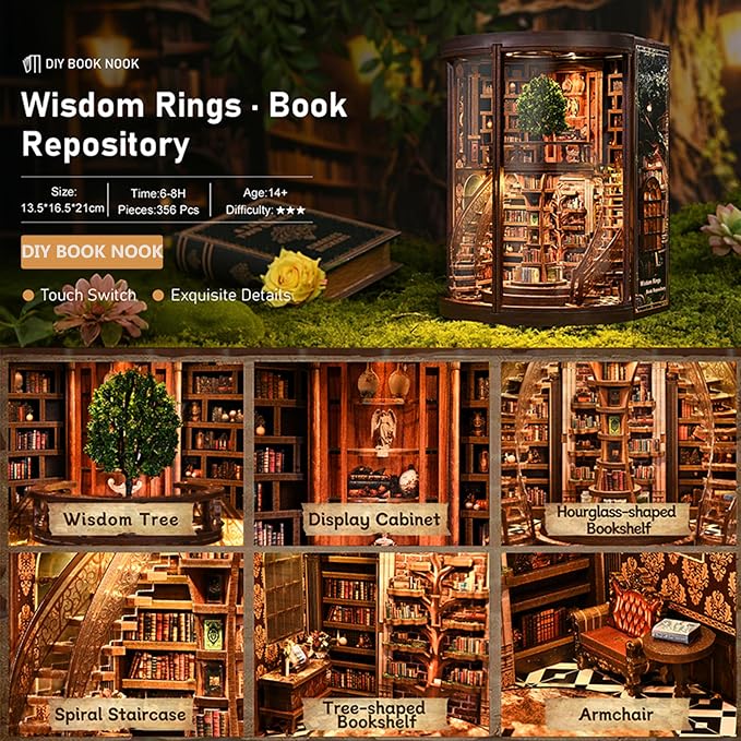 ISSEVE Book Nook Kits for Adults, Library Booknook Kit DIY Miniature Dollhouse Book Nooks, 3D Wooden Puzzle Model Creative Bookshelf Home Decoration Adult Crafts Kits Gift (Wisdom Book Repository)