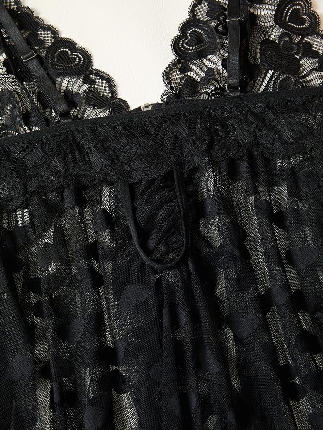 Foxiny Sexy Open Front V Neck Ruffle Sheer Mesh Lace Wireless Babydoll Lingerie Dress with Thong 2 Piece