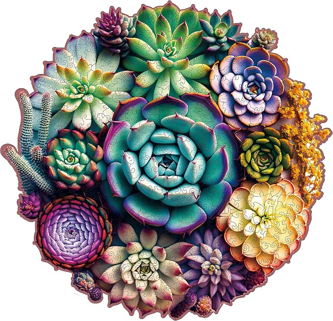 Mys Aurora Puzzles for Adults 1000 Pieces, Mandala Succulent Plants Wooden Puzzles Unique Shaped Jigsaw Challenging Puzzle Gift for Family Game 23.4'' x 22.6''