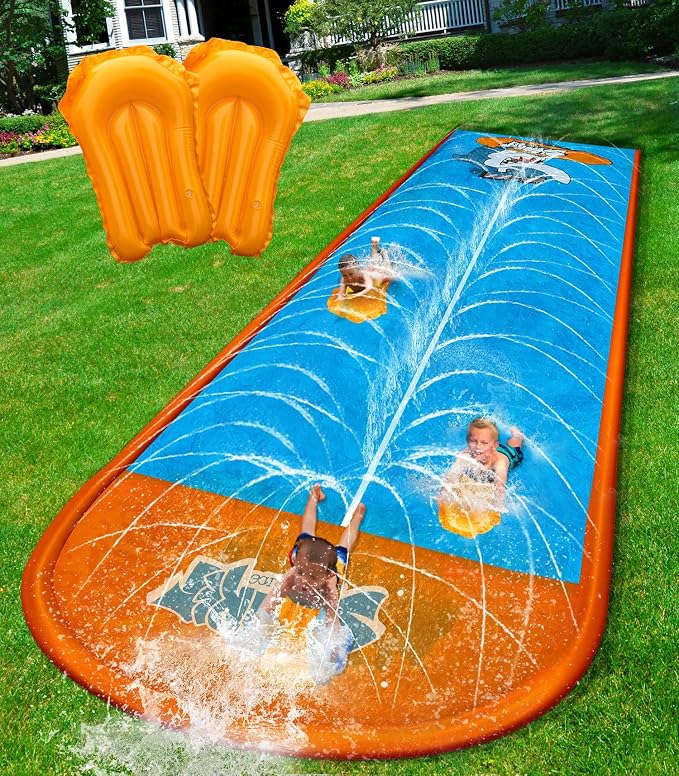 Spring Water Slip and Water Slide, 17ft *2 Lanes Slip Water Slides for Kids Backyards Ages 5-8 8-12 with Sprinkler and Inflatable Bodyboards, Summer Water Fun Toy for Outdoor Lawn Games Play