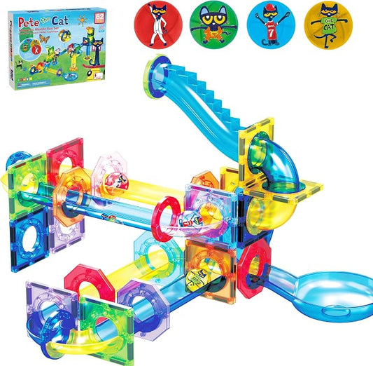 PicassoTiles 62pcs Magnetic Tile Pete the Cat Magnetic Marble Run Toy Set with Race Track Tubes Marbles and Stickers STEM Educational Construction Building Blocks for Kids Boys Girls Ages 3 Up PTG03
