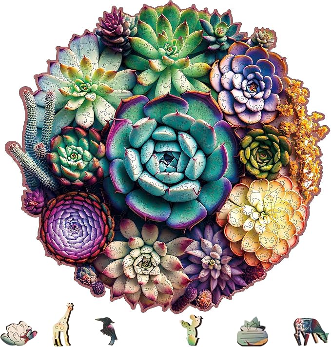 Delobi Mandala Succulent Wooden Puzzles, 200 Pieces Jigsaw Puzzles 11.3'' x10.9'', Unique Design Wooden Puzzles for Adults and Kids, Family Game Gift Medium Size