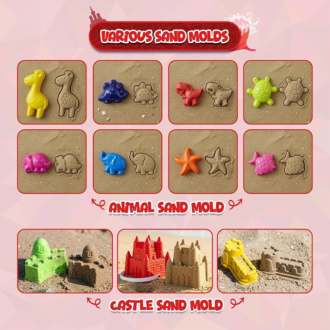 4E's Novelty Beach Toys for Kids with Bag, 12 Pcs Set Sand Castle Beach Bucket with Shovel & Large Molds - Beach Toys for Kids 3-10, Sand Toys for Toddlers with Mesh Beach Bag