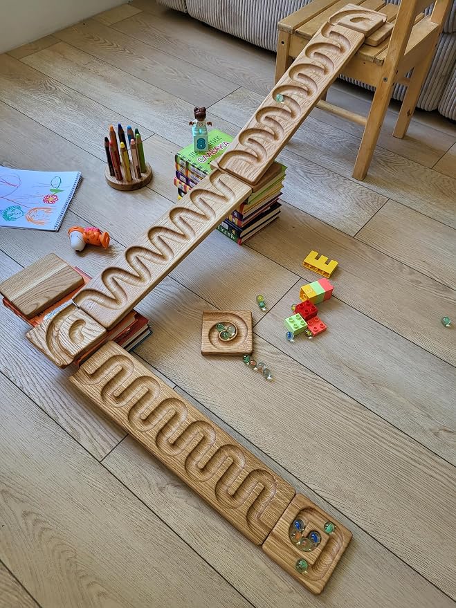 Wooden Marble Run Track Race Wooden Maze Board Ball Run Montessori Educational Toy Gift for Kids Winding Wave Roller Track(Set of 3)