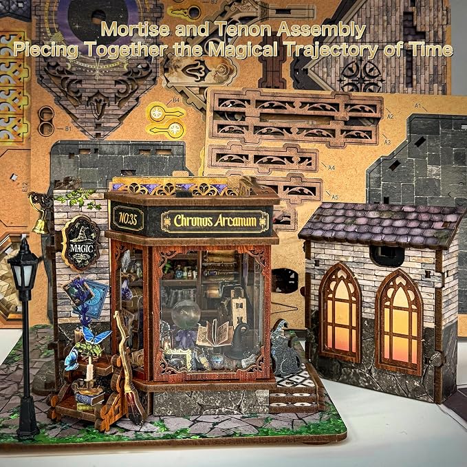 SUNNINO Miniature Dollhouse Kit, 3D Wooden Puzzles for Adults Mini House Building Kit with LED Lights Christmas Birthday Gifts Book Nook Kits Bookshelf Decor for Adults and Teens, Time Magic Club