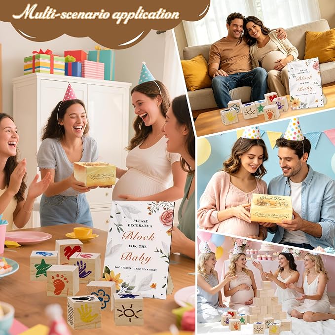 77 PCS Shower Games Sign Kit for Boys Girls, 1 Wooden Game Sign, 52 Blank Wooden Blocks for DIY Drawing, 24 Markers, Shower Game for Gender Reveal Activity, Shower Ideas Decorations