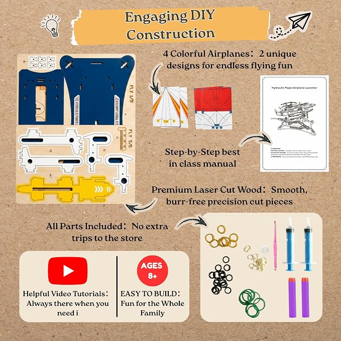 DIY 2in1 Hydraulic Paper Airplanes & Darts Launcher Stem Toys for Kids Ages 8-14, 3D Wooden Puzzle Toy, Vintage Model Kit, Educational Science Kit for Boys & Girls 8,10,12,14 Years Old