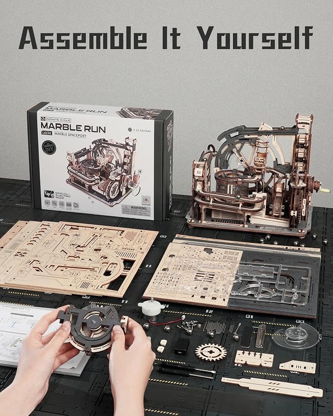 3D Puzzle Marble Run - Electric Spaceport, Wooden Model Building Kit for Teens