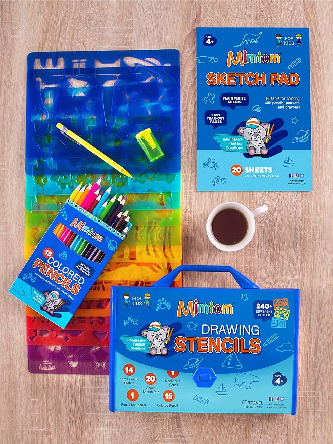 Mimtom Drawing Stencil Kit for Kids, 51 PC Art Set with 240+ Shapes, Sketch Pad, and Colored Pencils for Children's DIY Arts and Crafts, Draw with Animal, Letter and Car Stencils, Blue
