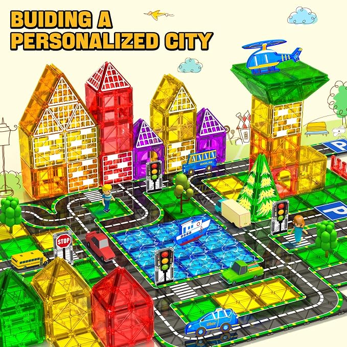 Magnetic Tiles City Road Set Kids Toys for 3 Year Old Boys Girls Magnetic Building Blocks with Cars Toys Construction Educational Magnets Tiles Gifts for Kids Toddlers Age 3-5 4-8 6 Christmas Birthday
