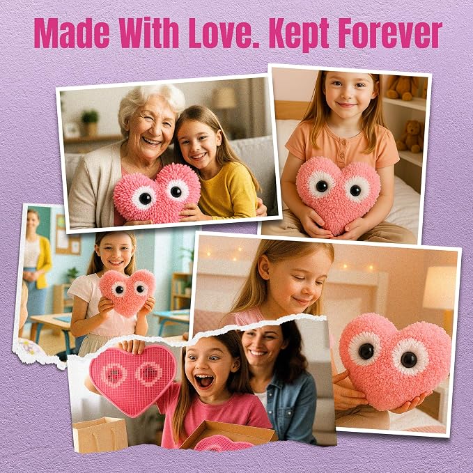 CRAFTILOO Latch Hook Kit for Kids Rug DIY Pillow Craft with Hook, Precut Yarn, Easy to Follow Pattern Cute Designs with Googley Eyes Heart Ages 6+
