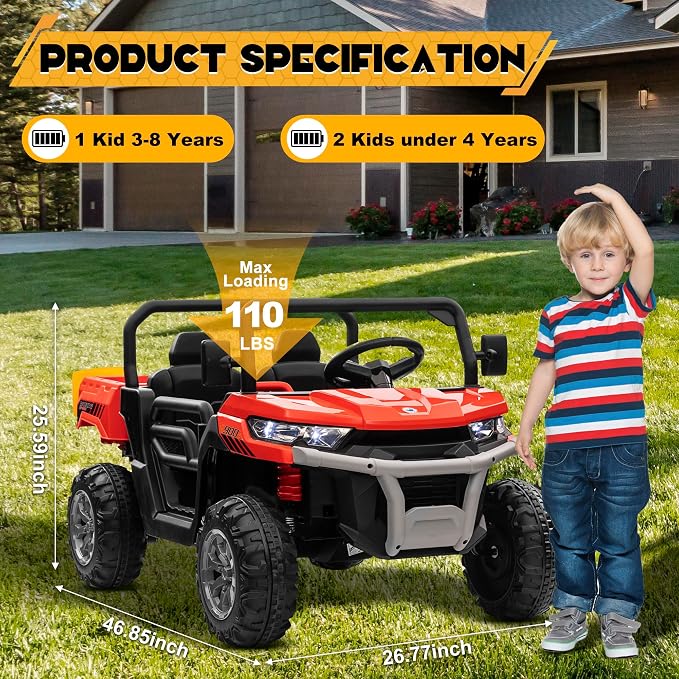 24V 4WD Ride on Car Dump Truck w/4X200W Motor, 2 Seaters, Gift Flower, 2.4G Remote Control, Bluetooth Music, LED Light, 24 Volt Ride on Toy Cars for Big Kids, Red