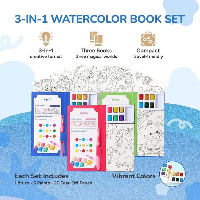 JoyCat 3 Pack Pocket Paint with Water Coloring Books for Kids, Art & Craft Activity Toy Set, Creative Travel & Home Painting Kit, Gifts for Girls & Boys Ages 3-8 (3 Pack - Magical Pony & Ocean Princess & Animals)