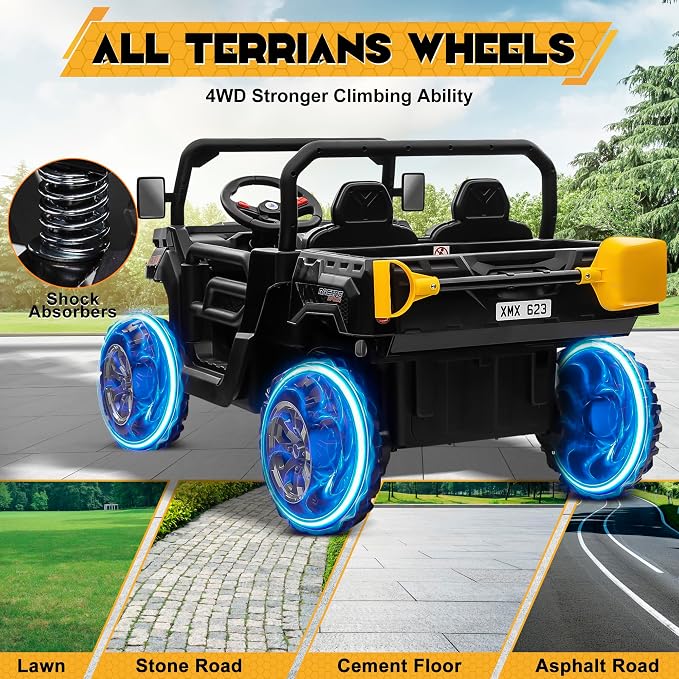 24V 4WD Ride on Car Dump Truck w/4X200W Motor, 2 Seaters, Gift Flower, 2.4G Remote Control, Bluetooth Music, LED Light, 24 Volt Ride on Toy Cars for Big Kids, Black