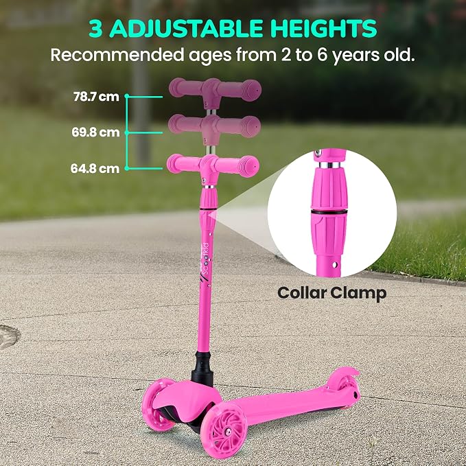 Hurtle Mini Kickboard Scooter for Kids - Height Adjustable 25''-28'', Lightweight 3-Wheel with LED Light-up Wheels, Anti-Slip,Indoor/Outdoor Fun, Micro Scooters for Ages 2-5 (Pink)