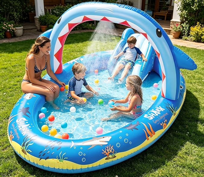 Inflatable Ocean Shark Play Center, Summer Splash Pad Kids Pool with Slide&Sprinkler, Blow Up Toddler Water Pool for Backyard and Garden 96''x59''x39''