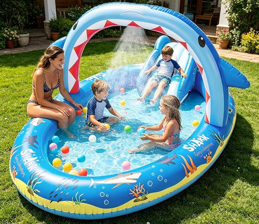 Inflatable Ocean Shark Play Center, Summer Splash Pad Kids Pool with Slide&Sprinkler, Blow Up Toddler Water Pool for Backyard and Garden 96''x59''x39''