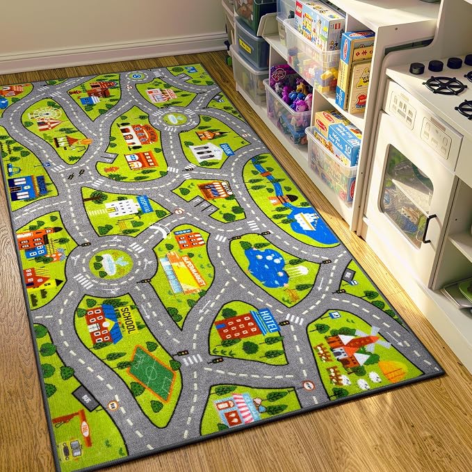 STARUIA Kids Rug Play Mat, 60"x32" Ultra Non-Slip Car Rug for Toddlers, Educational City Road Carpet Car Mat for Kids, Washable Car Kid Rugs for Bedroom Playroom Boys Room Nursery