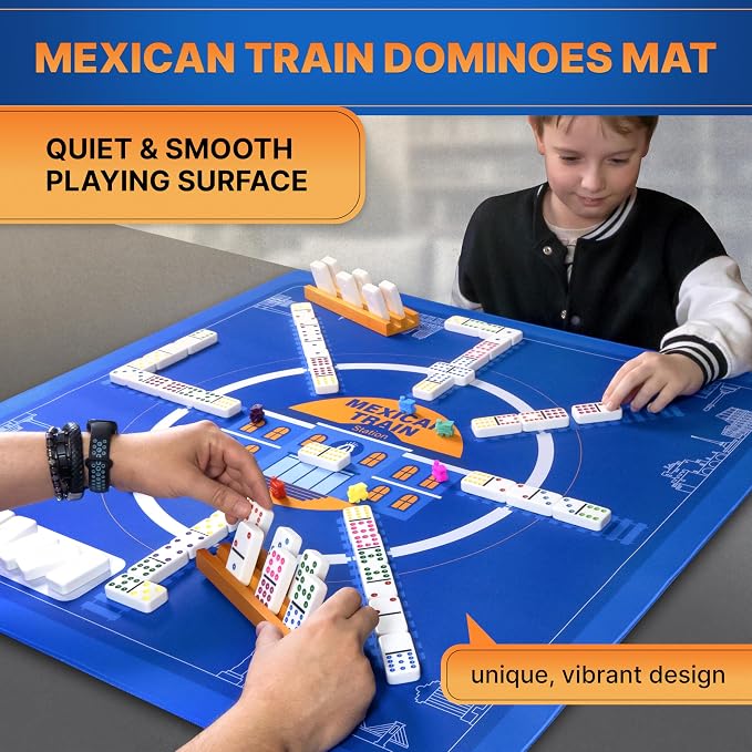 Queensell Mexican Train Dominoes Play Mat, 32" x 32" Non-Slip Gaming Surface, Mexican Train Accessories with Storage Bag, Printed Train Station Playfield, Easy to Clean & Roll Up