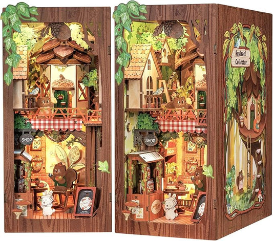 Cutefun Book Nook Kit, DIY Miniature Booknook Kit for Adults, 3D Wooden Puzzle Bookend Bookshelf Decor with LED Light & Dust Cover Creative Crafts Gifts for Book Lovers (Squirrel Collector)