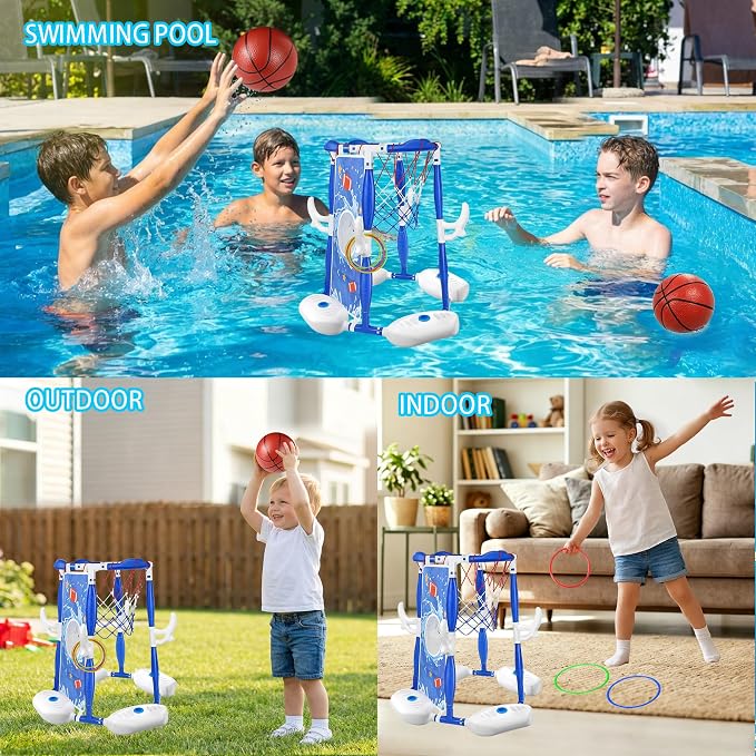 Pool Basketball Hoop, 3-in-1 Floating Basketball Hoop & Football Ring Games with 5 Balls 12 Rings and Pump, Outdoor Family Party Water Swimming Pool Basketball Toys for Kids Ages 4-8 8-12