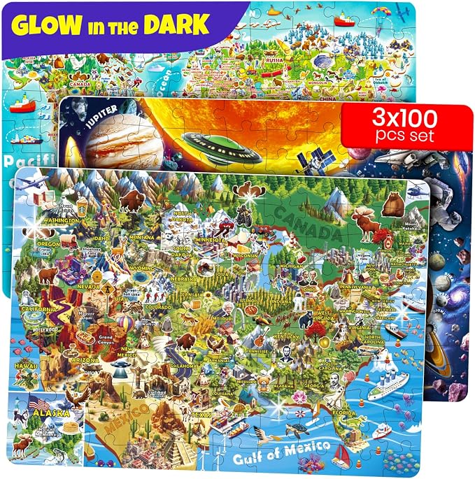 QUOKKA 100 Puzzles for Kids Ages 4-6 – Glow-in-the-Dark USA Map World Map and Solar System – Educational Floor Puzzles for Kids Ages 6-8 – Geography Learning Toys for 5-8 Year Olds