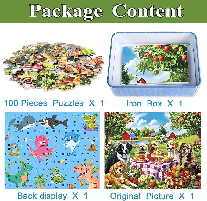 MZZOTOY Puppy Dogs Animal Picnic Puzzles for Kids Ages 4-8, 100 Pieces Jigsaw Puzzles for Kids Ages 3-5 Puzzle for Girls and Boys Learning Educational Puzzles Toys in a Metal Box