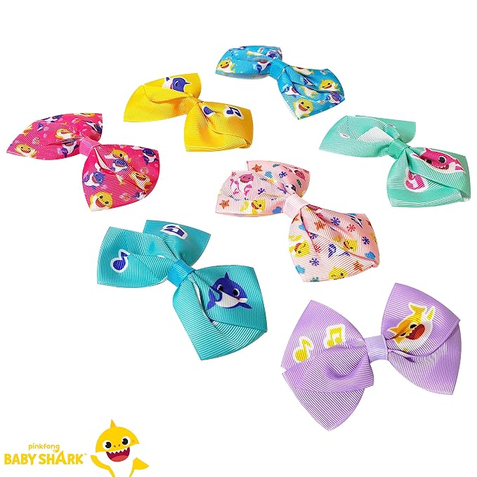 Baby Shark Kids Hair Bows - Hair Accessories Gift Set - 7 Pcs 4 Inch Bundle for Girls - Different Character on each Clip - Alligator Clip - Ages 3 +