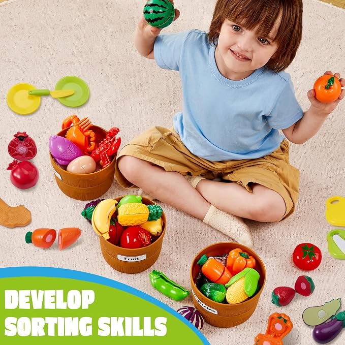 JOYIN Learning Toys Play Food Set for Toddlers, Cutting Food for Preschool Activities, Play Kitchen Accessories, Educational Toys, Color Sorting Set for Boys & Girls, Back to School Gifts for Toddlers