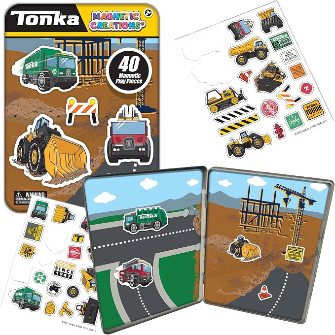TCG Toys Tonka Magnetic Creations Tin with 40 Magnetic Play Pieces in Tin That Doubles As Storage Space, Multicolor