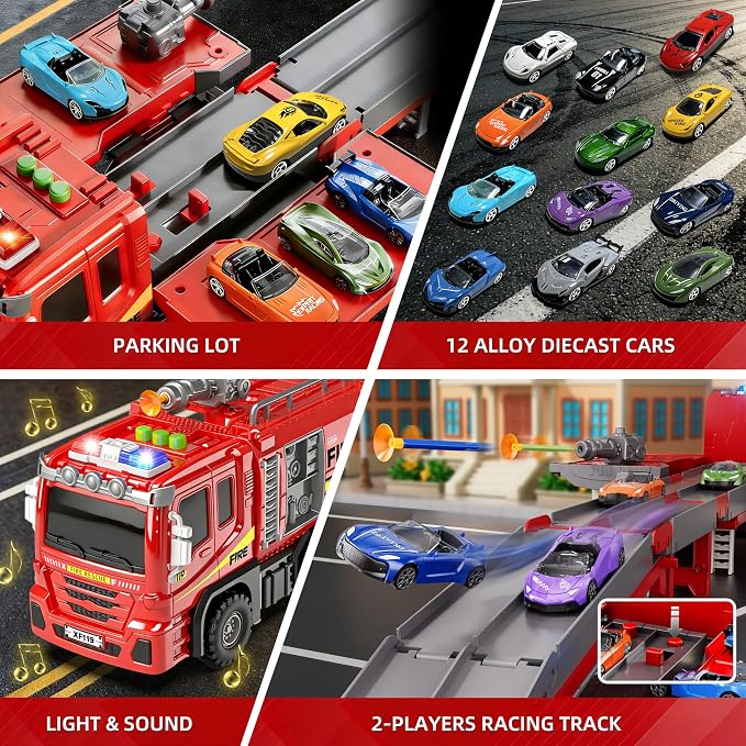 3in1 Fire Truck Toy with Foldable Race Track & 12 Diecast Race Cars Toys, Fire Trucks for Toddlers 3-5 with Lights & Sounds, Carrier Truck Car Kids Toy Gift for Age 3 4 5 6+ Year Old Boys Girls