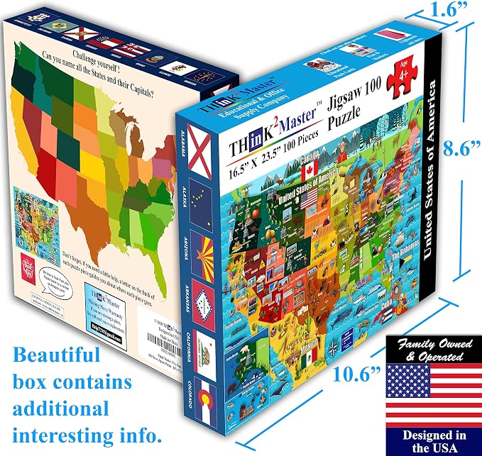 Think2Master Colorful United States Map 100 Pieces Jigsaw Puzzle Great for Families. Great Gift USA.23.4” X 16.5”