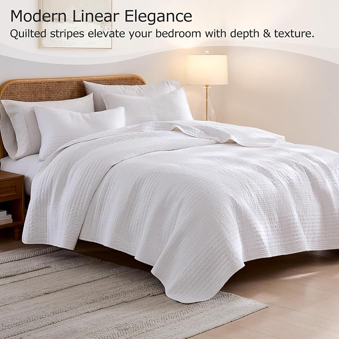 palassio Striped White 100% Cotton Quilt California Cal King Size Bedding Sets, Oversized Lightweight Channel Pick Stitch Textured Bedspread Soft Farmhouse Country Coverlet for All Season, 2 Shams