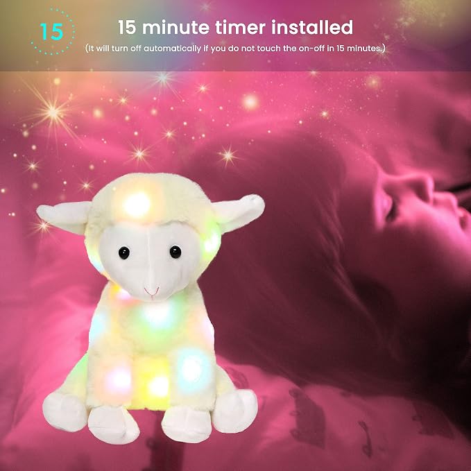 Hopearl LED Plush Lamb Lighting Up Stuffed Sheep Floppy Night Lights Glow in The Dark Birthday Festival for Kids Toddlers, Beige, 11''