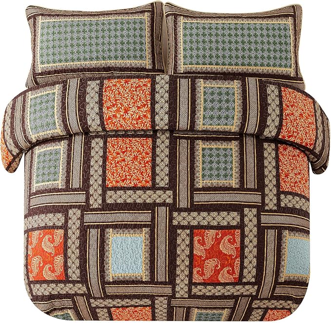 NEWLAKE Cotton Patchwork Bedspread, 3-Piece Bedding Quilt Set with Real Stitched Embroidery, Reversible Matelasse Bed Coverlet Set,Bohemian Farmhouse,King Size