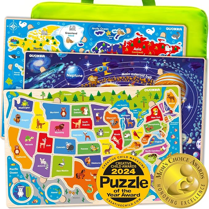 QUOKKA Puzzles for Kids Ages 4-6 - 3 Set Toddler Wooden Puzzles for Kids Ages 3-5- Learning United States Toys for Childrens 6-8 - Educational Toys for 3 Year Old Boys and Girls - Award Winning