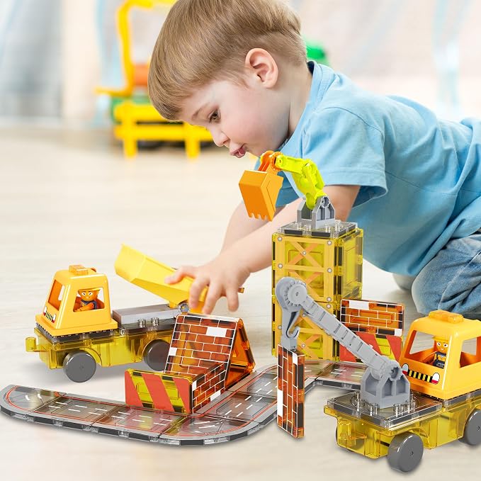 PicassoTiles Magnet Tile Construction Themed Building Blocks 5-in-1 Crane, Ladder, Dump Truck, Excavator, and Backhoe Action Figures, 2 Car Base Vehicles Magnetic Tiles Learning Toys Kids Ages3+ PTU06