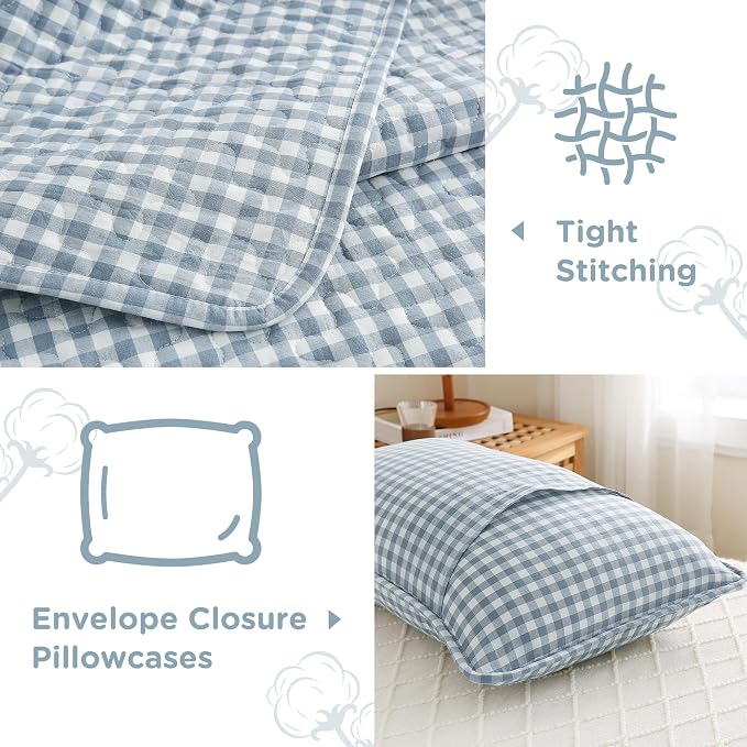 TOCOMOA Blue Gingham Quilt Bedding Set 100% Washed Cotton Bedspread Coverlet Like Linen Feel Soft Comfy Breathable 3 Piece Plaid Checkered Lightweight Comforter Set for All Season, Twin 68"x86"