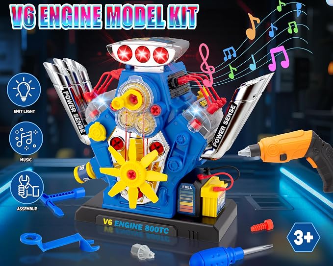 POFJOEQ STEM New V6 Engine Model Building Kit，60-Piece Take Apart Toy with Realistic Lights & Sounds, Tools - Mechanic Repair Playset for Kids Ages 3-5