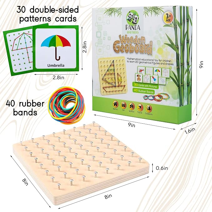 Panda Brothers Wooden Geoboard - Montessori Toys for 3 4 5 Year Old Kids and Toddlers, Educational Toy with 30 Pattern Cards and 40 Rubber Bands to Create Figures, Brain Teaser STEM Toy Geo Board