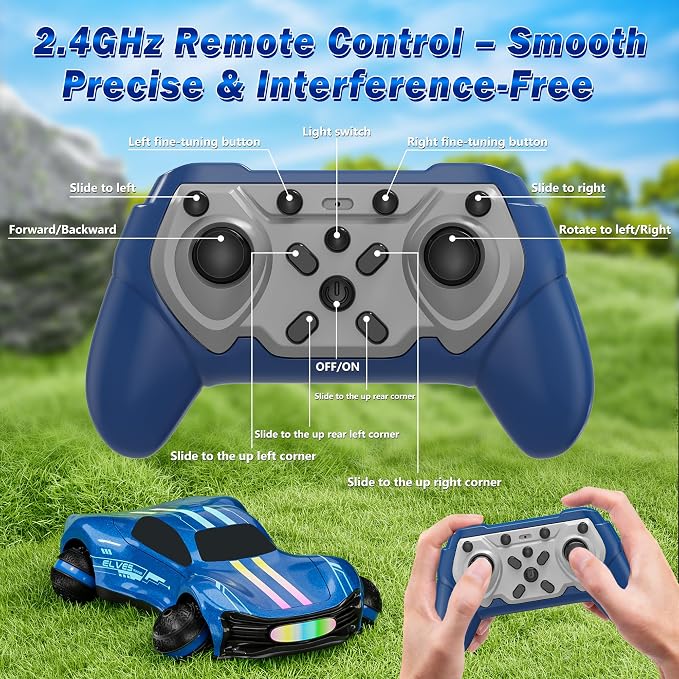 Remote Control Car for Kids, RC Stunt Car with Drift Wheels, 360° Spins & Flips, 2.4GHz Rechargeable Toy Car with LED Lights, Indoor Outdoor Gift for Boys Girls Ages 6-12