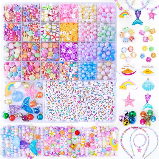 MiuCo Bracelet Making Kit for Girls Ages 5-6-8-12, Jewelry Making Kit With Clay Beads, Letter Beads, Pearl Beads, Ocean Charms &2 DIY Headbands, Arts and Crafts Gifts for Kids Girls Birthday Christmas