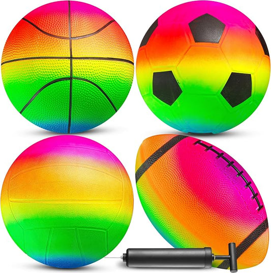 Rainbow Sports Balls for Kids & Toddlers - (Pack of 4) 8.5-Inch Neon Sport Ball Set Includes Football, Soccer, Basketball, & Playground Balls, Toy Balls for Indoor/Outdoor