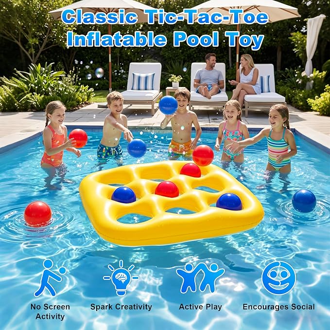 Pool Toys Games Set- Tic-Tac-Toe Inflatable PoolToy with 10 Balls Fun Summer Pool Party Beach Lawn Camping Party Float Game Water Ball Toys for AdultsTeens Kids 2-10 Players