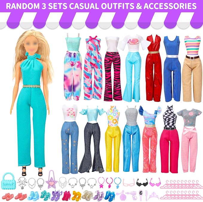 Style Shine Doll Clothes and Accessories Kit,4 Wedding Gowns 2 Evening Dresses 8 Fashion Dresses 6 Set Casual Outfit Top and Pant 2 Swimsuit,18 Hanger 10 Shoe 20 Accessories Toys for Girls Kid Gift