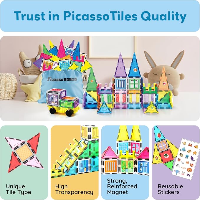 PicassoTiles 240pc Magnetic Tiles Building Set with Storage Bag Themed Stickers and Car Base Magnet Tile STEM Sensory Fun Creative Learning Classroom Must Have Educational Toy Boy Girl Age 3+ PT240