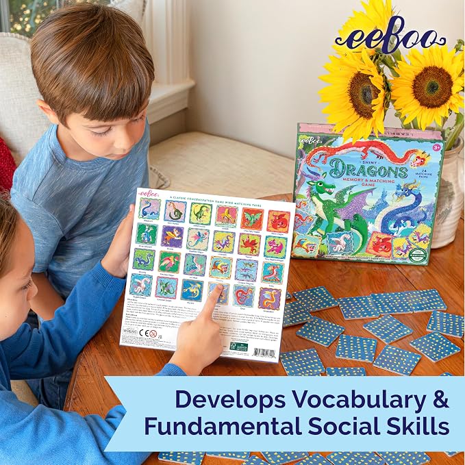 eeBoo: Memory and Matching Game - Shiny Dragons - 24 Pairs, Develops Recognition, Concentration, Memory & Vocabulary Skills, Age 3+