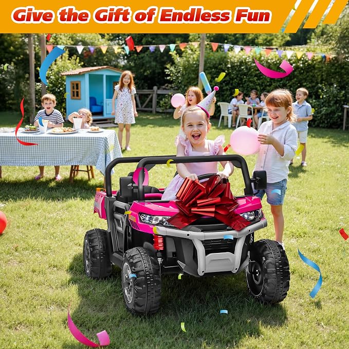 Joyracer 4WD 24 Volt Ride on Toys, 800W Ride on Truck for Kids, 2 Seater Power Car Wheels w/Dump Bed & Shovel, Ride on UTV w/Remote Control, Bluetooth, LED Lights, Pink
